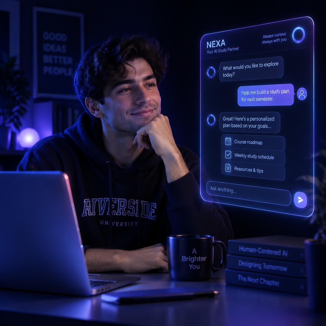 A student in conversation with the Nexora AI guide